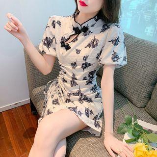 Puff-sleeve Printed Cutout Drawstring A-line Dress