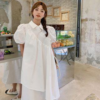 Puff-sleeve Collar Ruffle Midi Smock Dress