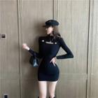Cutout Long-sleeve Mini Knit Dress Black - One Size