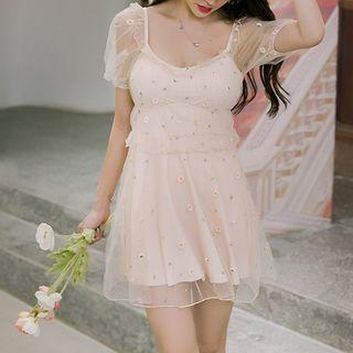 Flower Embroidered Short-sleeve Swimdress