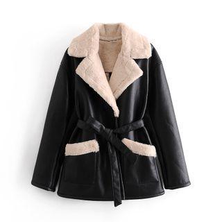 Notch Lapel Fleece Line Faux Leather Jacket