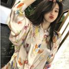 Mushroom Print Long-sleeve Loose-fit Shirt As Figure - One Size