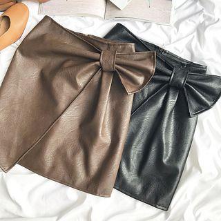 Faux-leather Bow-accent Asymmetric Pencil Skirt