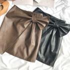 Faux-leather Bow-accent Asymmetric Pencil Skirt