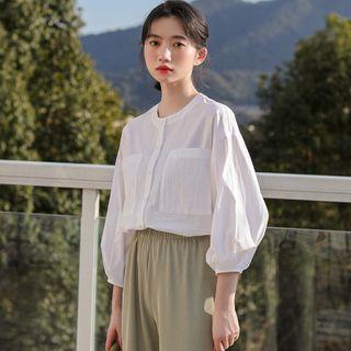 Pocket Detail Lantern-sleeve Blouse White - One Size