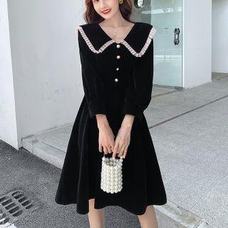 Frill Trim Collar Velvet A-line Dress