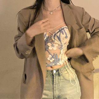 Plain Blazer / Floral Embroidery Camisole Crop Top