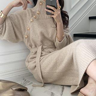 Turtleneck Oversized Knit Dress With Sash