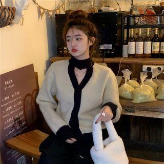 Long-sleeve Contrast Trim V-neck Halter Knit Cardigan