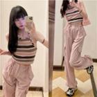 Striped Halter Top / High-waist Cargo Pants