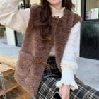 Furry Vest Cardigan / Crochet Lace Long-sleeve Top