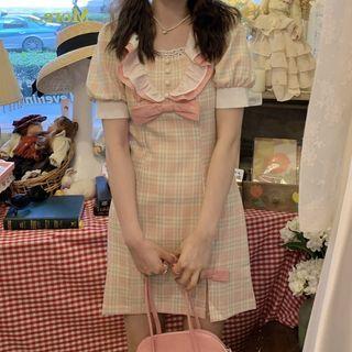 Short-sleeve Ruffled Plaid Mini Sheath Dress