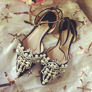 Embellished Ankle Strap Pointy Flats