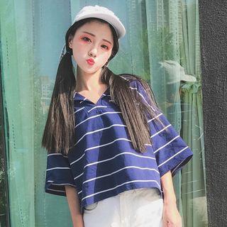 Elbow-sleeve Striped Sailor-collar Top