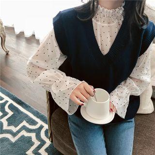 Mock Neck Lettuce Edge Long-sleeve Chiffon Top