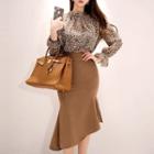 Mock Neck Leopard Print Blouse/ Ruffle-hem Midi Sheath Skirt