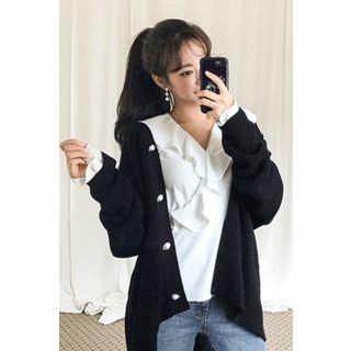V-neck Faux-pearl Button Rib Cardigan