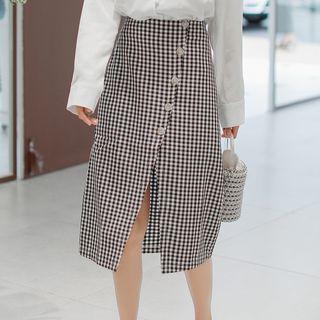 Plaid Buttoned Slit Front A-line Skirt