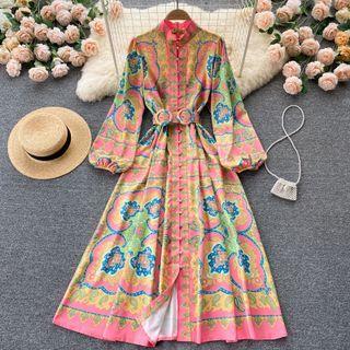 Stand-collar Color Block Print Lantern-sleeve Dress