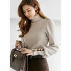 Turtle-neck Piped Buttoned Knit Top