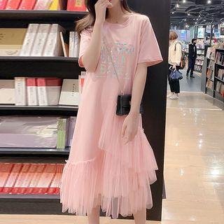 Short-sleeve Lettering Mesh Panel T-shirt Dress