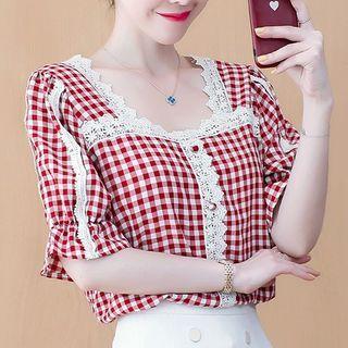 Short-sleeve Gingham Lace Trim Blouse