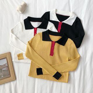 Color Block Long-sleeve Knit Polo Shirt