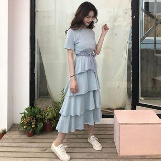 Short-sleeve Tiered A-line Midi Dress