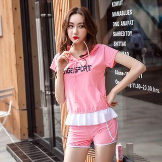 Set: Contrast Trim Tankini + Swim Shorts + Hooded Cover-up