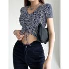 Floral Drawstring V-neck Crop T-shirt