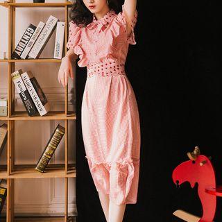 Ruffle Trim Dotted Short-sleeve Midi A-line Dress