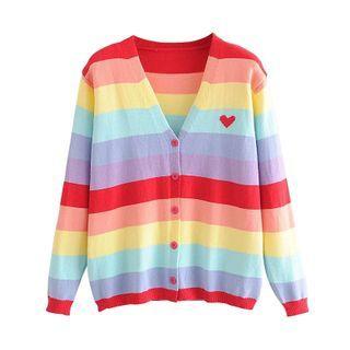 Heart Embroidered Striped Cardigan As Shown In Figure - One Size