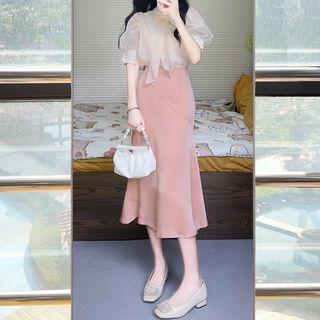 Short-sleeve Bow Neck Blouse / Midi Mermaid Skirt
