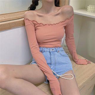 Ruffle Trim Off-shoulder Long Sleeve T-shirt