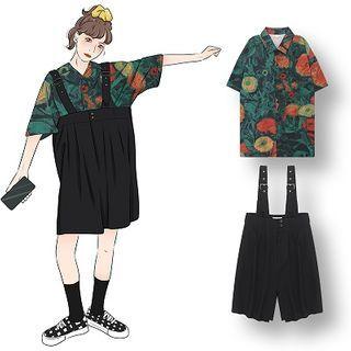 Printed Short-sleeve Shirt / Plain Wide-leg Jumper Shorts