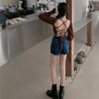 Puff-sleeve Strappy Blouse / Denim Skort