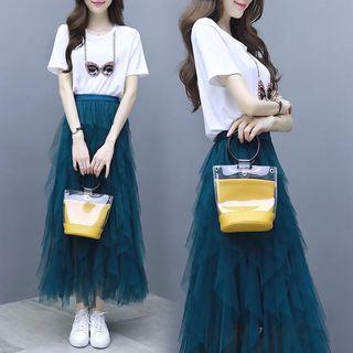 Set: Short-sleeve Embellished T-shirt + Ruffled Mesh A-line Midi Skirt