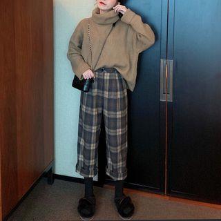 Turtleneck Ribbed Sweater/ Plaid Wide-leg Cropped Pants