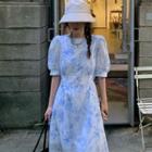 Puff-sleeve Tie Dye Midi A-line Dress