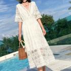 Elbow-sleeve Tassel-detail Lace Dress