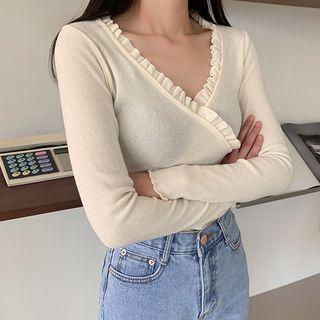 Frilled-trim Slim-fit Wrap Top