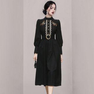 Lace Trim Embroidered Midi A-line Dress