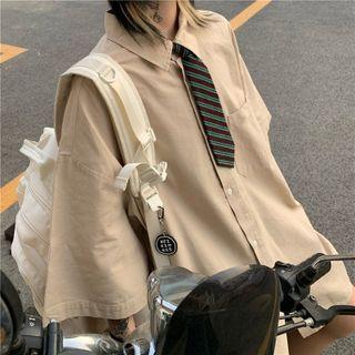 Elbow-sleeve Plain Shirt With Tie
