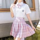 Set: Short-sleeve Shirt + Plaid Mini A-line Pleated Skirt + Bow Tie