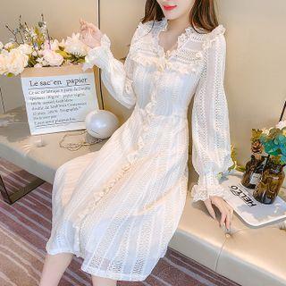Long-sleeve Ruffled Lace A-line Dress