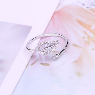 925 Sterling Silver Rhinestone Leaf Open Ring White - One Size
