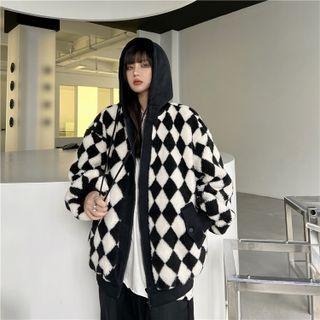 Mock Two-piece Diamond Pattern Hooded Zip Jacket