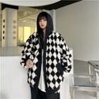 Mock Two-piece Diamond Pattern Hooded Zip Jacket