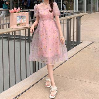 Puff-sleeve V-neck Floral Mesh Dress / Spaghetti-strap Floral Mesh Dress