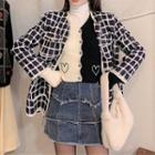 Two-tone Cardigan / Plaid Jacket / Turtleneck Long-sleeve Top / Denim Skirt